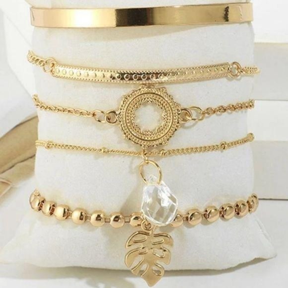 5 boho bracelets set gold tropical leaf - Picture 2 of 2